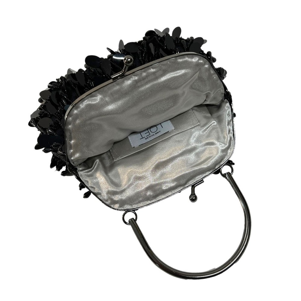LOFT Black Bead and Sequin Satin Embellished Evening Clutch Pewter hardware NWOT - Picture 5 of 11